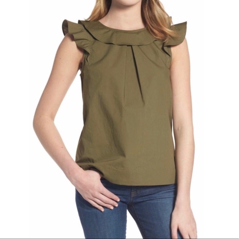 J. Crew 12P Olive Ruffle Cotton Poplin Top {A02}